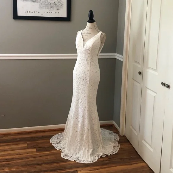 NEW ABBY PARIS SZ 2 IVORY LACE BEADED ILLUSION FORMAL EVENING GOWN - Picture 2 of 12